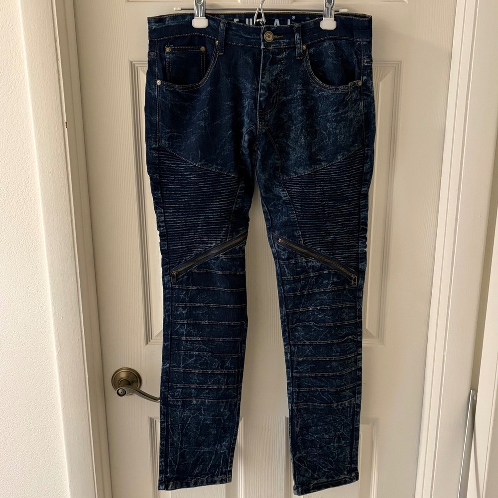 Fusai Men's 30x32 Moto Jeans Ribbed Zipper Biker Stretch Dark Wash Denim